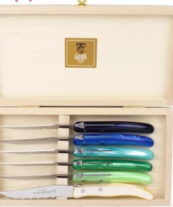 Claude Dozorme Sarl BERLINGOT STEAK KNIVES BLUE & GREEN ASSORTED SET OF 6 FLATWARE