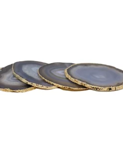 Olympus / Bartky Minerals WINE & BAR AGATE COASTERS NATURAL GREY & GOLD TRIM