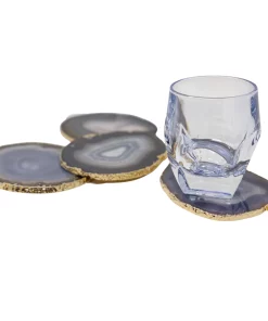 Olympus / Bartky Minerals WINE & BAR AGATE COASTERS NATURAL GREY & GOLD TRIM
