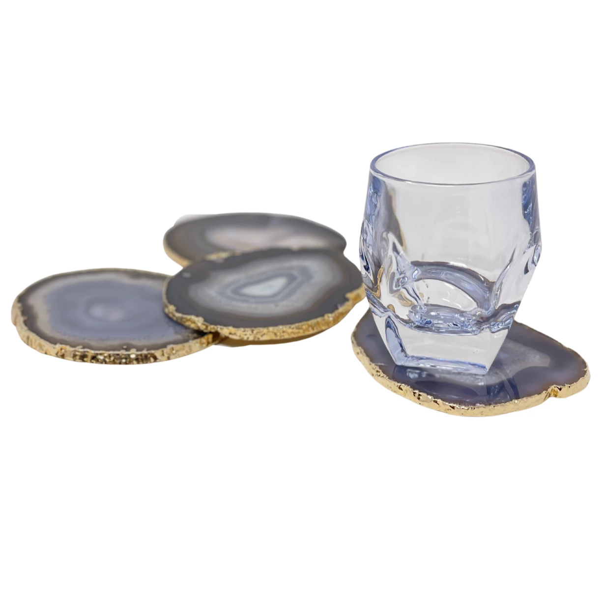 Olympus / Bartky Minerals WINE & BAR AGATE COASTERS NATURAL GREY & GOLD TRIM