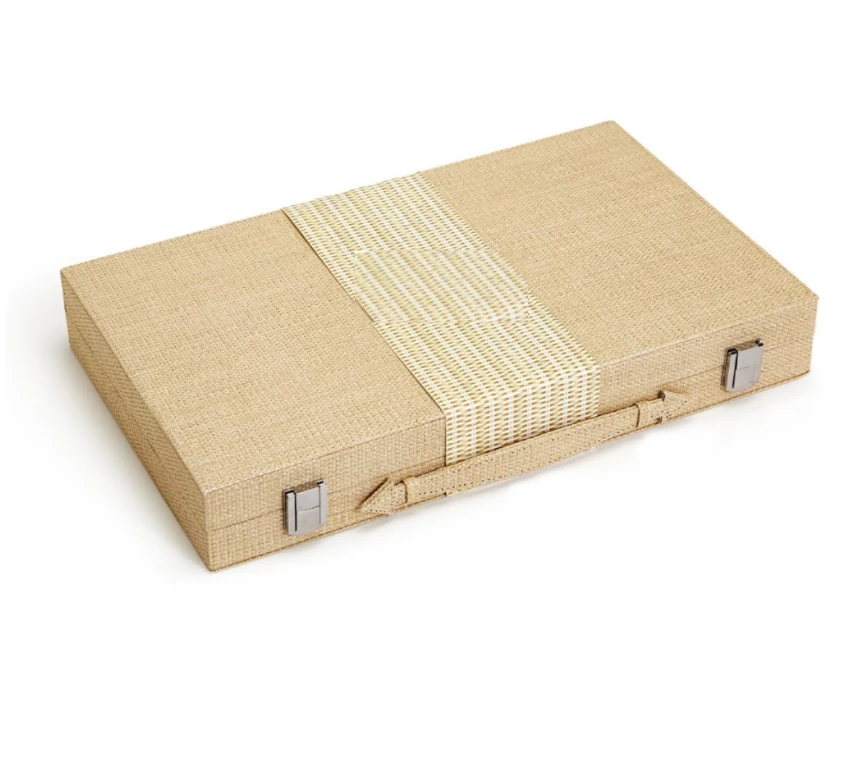 Two's Company GAMES & GADGETS FAUX LEATHER BACKGAMMON SET | NATURAL CANE